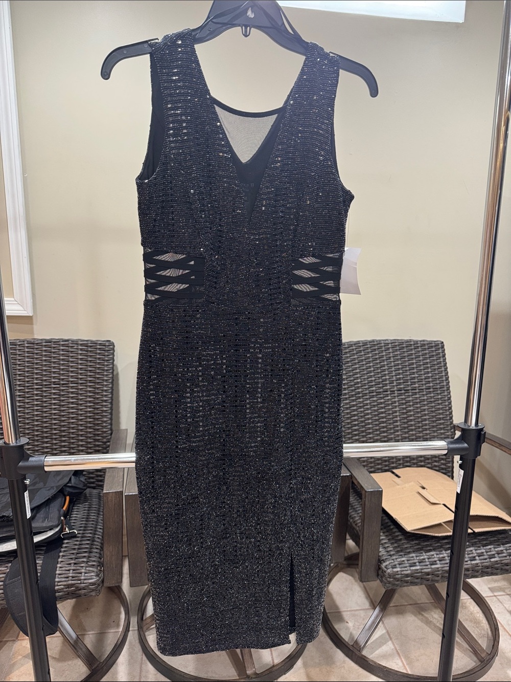 Sleeveless Black Sequin Midi Dress with Side Cutouts